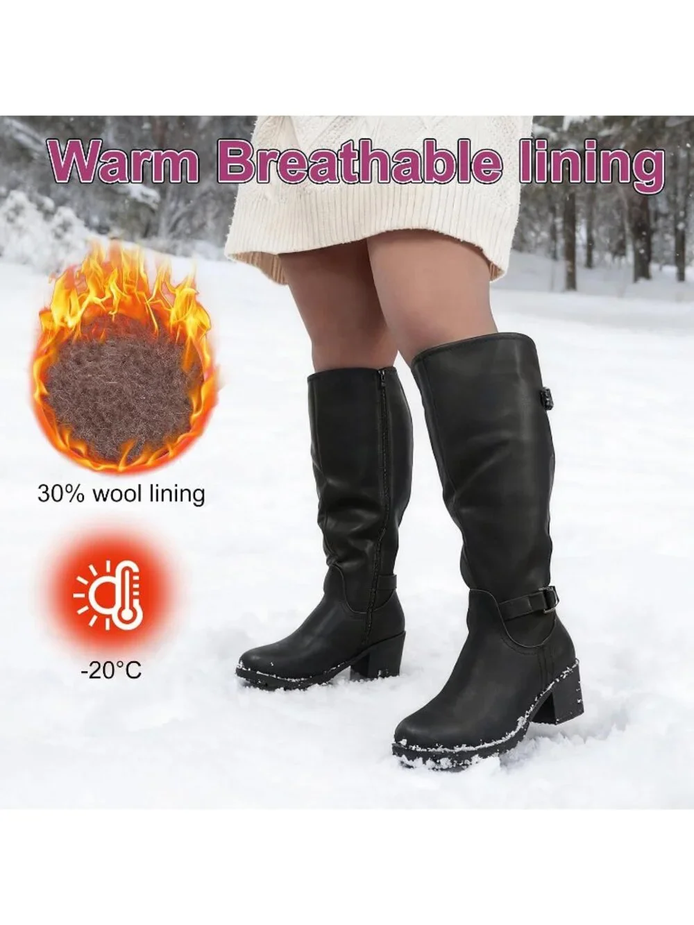 Women's Black/Wool Wide Calf Block Heel Decorated Double Buckle Knee High Boots